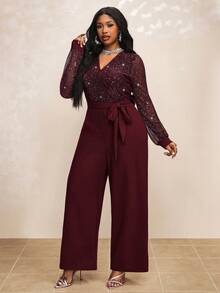 Truni 大码优雅V领束腰网眼拼布长袖连体裤 - 酒紅色 - 查看 7