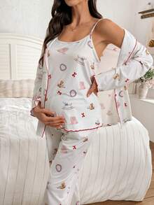 SHEIN 3pcs Maternity Sleepwear Set: Polka Dot & Ditsy Floral Camisole Pants + Long Sleeve Cardigan - Multicolor - View 5