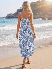 Sylviya 女士海洋主题度假扎染收腰开衩吊带连衣裙，夏季 - 彩色 - 查看 2