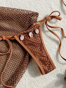 Swim Mod Summer Beach Triangle Bikini Halter Top Bra & Shell Decor Swim Bottom Bikini Set And Beach Cover Up Skirt Bathing Suit