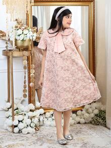 SHEIN 少女碎花印花装饰彼得潘领短袖连衣裙