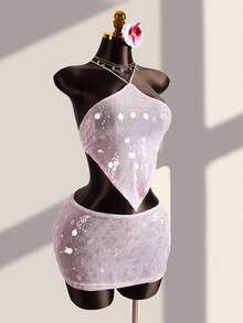 Bonvoyette Women's Pink Beaded Halter Backless 2 Pieces Set,Summer 70s Retro Beach Vacation Holiday Party,Elegant Sequin Rhinestone Crystal Diamond Dress - Pink - View 9