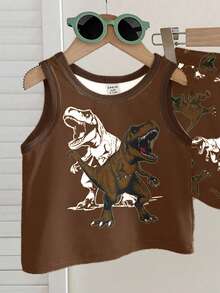 Baby Boy Casual Soft Comfortable Stylish Cartoon Dinosaur Print Sleeveless Round Neck Tank Top And Dinosaur Silhouette Print Shorts Set, Suitable For Spring/Summer - Multicolor - View 4