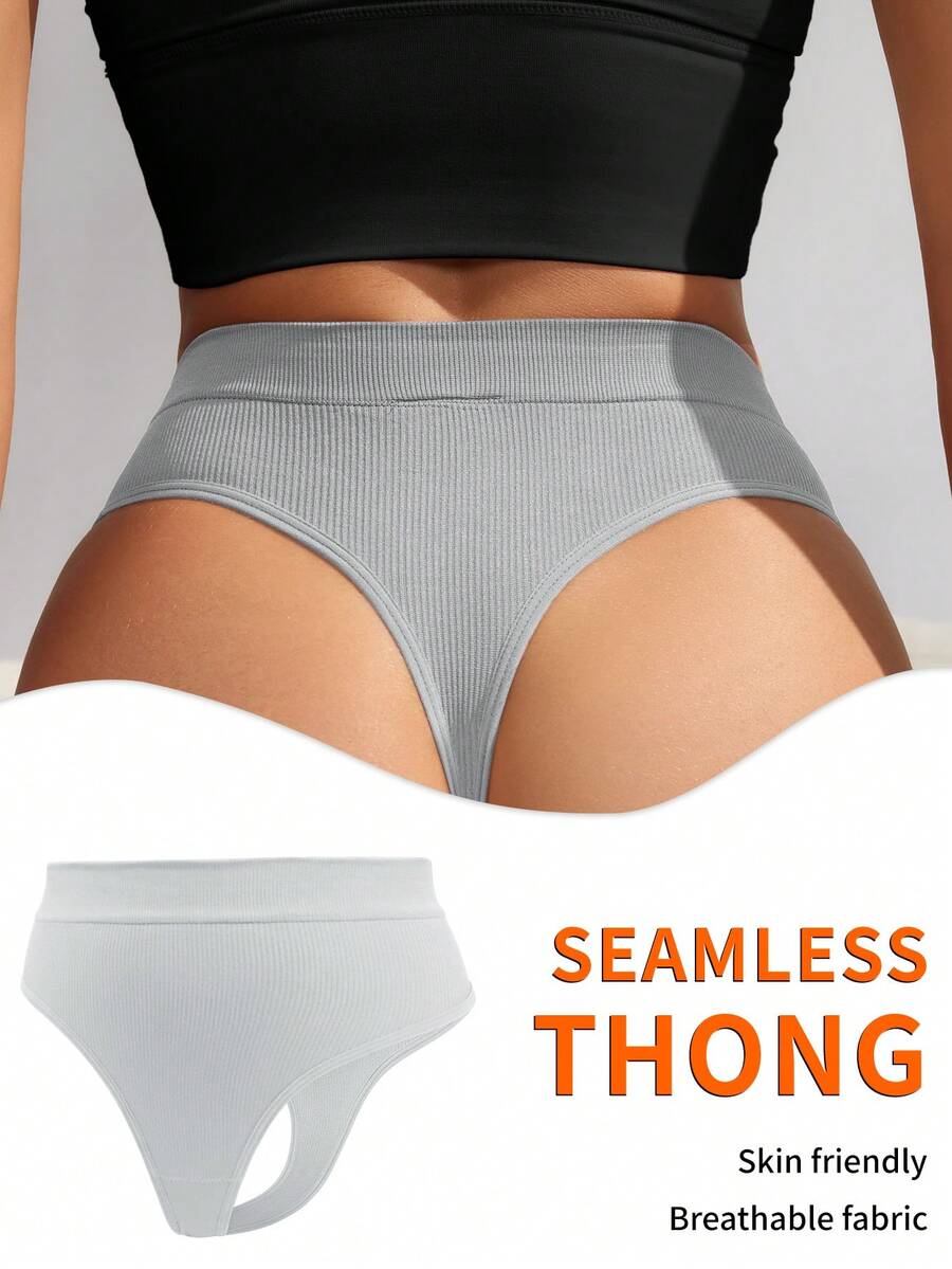 SHEIN 1pc Women's Seamless Minimalist Comfortable Thong Panty - Light Grey - View 1