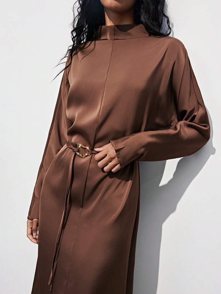 SHEIN Maija Women's Solid Color Dress With Collar Design And Waist Belt Decor, Paired With Long Sleeves, Overall Minimalist And Elegant Style. Waist-Cinching Design Flatters The Figure, Suitable For Both Business And Casual Wear, Showcasing Feminine Confidence And Sophistication.