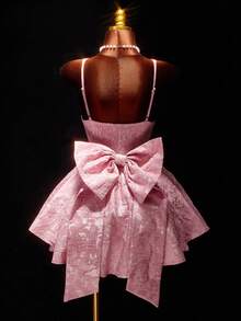 Amplova 女士花卉提花深V露背蝴蝶结装饰无袖性感时尚迷你连衣裙 - 淺粉色 - 查看 10