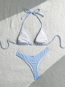 Swim Mod 女士格子比基尼套装，适合海滩度假 - 藍白色 - 查看 2