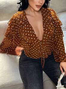 SHEIN SXY Fashionable Commuter Coffee Brown Polka Dot Ruffle Trim Shirt,Vacation,Brown ,Valentine's Day ,Going Out, Sexy Blouse For Women, Brown Blouse, Coffee Brown Top, Polka Dot Shirt, Pokadot Top - Coffee Brown - View 6