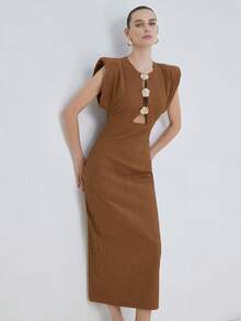 Aveloria Modichic Đầm dài không tay vai rộng, sang trọng, cao cấp dành cho nữ, chất liệu vân vỏ cây tinh tế, thắt eo bằng khóa kim loại hình hoa hồng rỗng trang trí. - Cà phê nâu - Xem 3