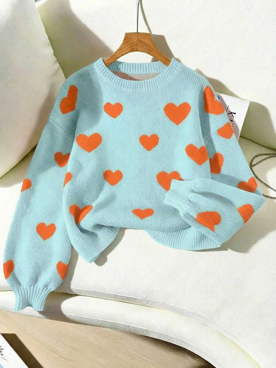 Franclia Suéter casual de hombros caídos con estampado de corazones, otoño/invierno - Multicolor - Ver 1