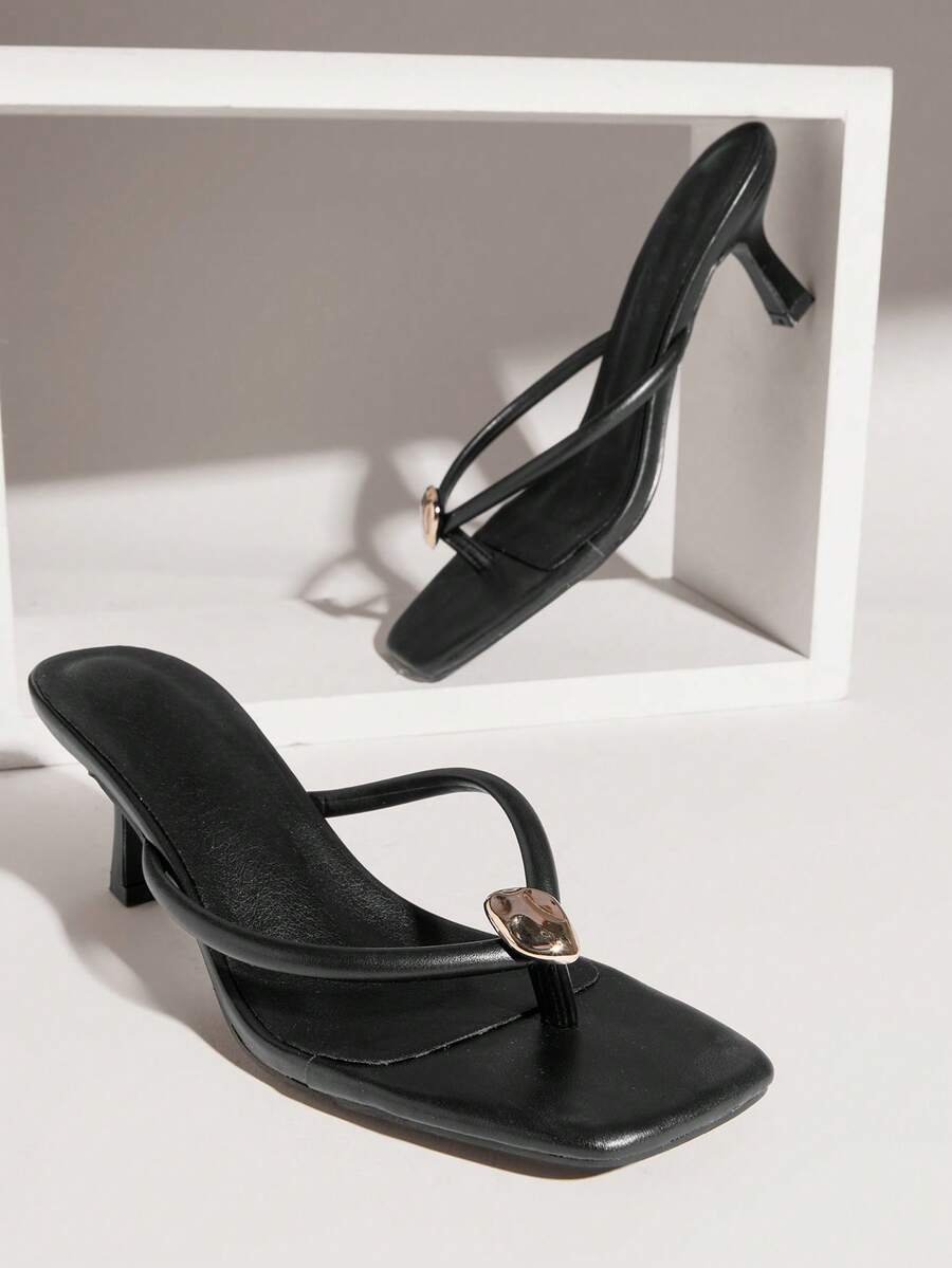 SHUZIA #QuietLuxury Women's Square Toe Kitten Heel Gold-Accent Minimalist Rolled-Edge Soft-Cushion Pu Black Thong Sandal– Refined, Clean & Effortlessly Chic - Black - View 1