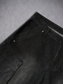 Manfinity Denimwave 男士黑色休闲宽松阔腿牛仔短裤，夏季街头风 - 黑色 - 查看 5