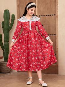 SHEIN 少女撞色荷叶边领碎花拼接连衣裙，春夏度假连衣裙 - 紅色 - 查看 3