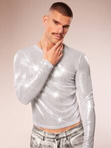 FeverCity 男士圆领长袖金属色短款T恤 - 彩色 - 查看 3