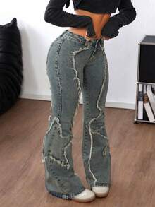 SHEIN ICON 女式休闲磨边喇叭牛仔裤