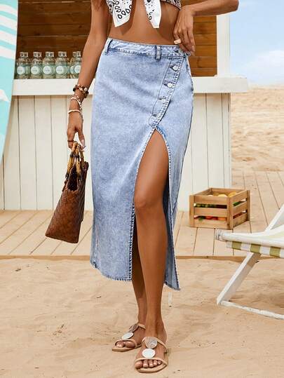 EMERY ROSE Ljus denimkjol med slits för kvinnor