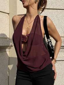 Almamuse Áo kiểu nữ thời trang, thoải mái, có chi tiết khoét lỗ, đính vòng trang trí, cổ áo xếp ly và dây buộc phía trước, chất liệu vải voan mỏng, thích hợp cho mùa hè. - Màu Đỏ Sâu - Xem 5