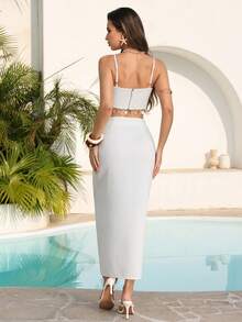 NOVVYNE Women's Beach Vacation Style Camisole Crop Top & Fringed Slit Hem Mini Skirt 2-Piece Set, Suitable For Party And Outings - White - View 2