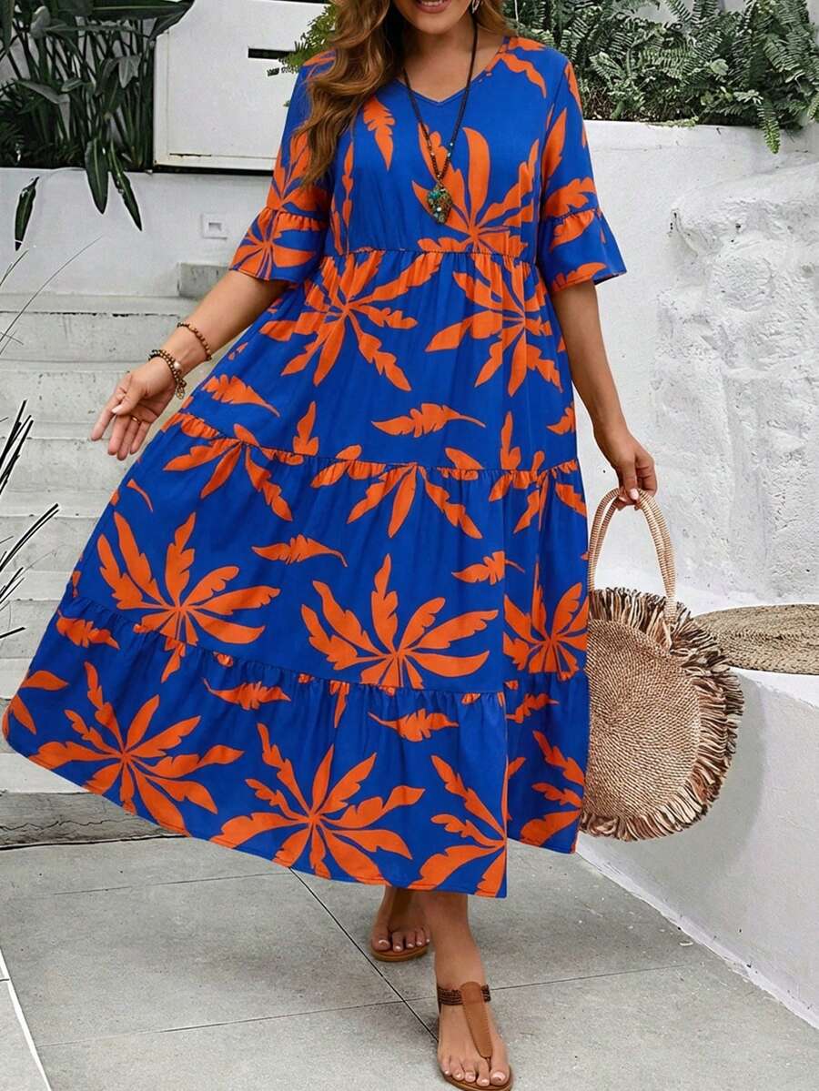 EMERY ROSE Đầm dài màu vàng nhiều tầng cổ chữ V sâu, tay bồng, vạt xếp tầng dành cho nữ cỡ lớn, thích hợp cho mùa hè. - Nhiều màu - Xem 1