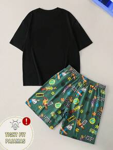 SCOOBY-DOO X SHEIN 男士休闲卡通图案圆领短袖上衣和短裤家居服套装，夏季 - 黑色 - 查看 2
