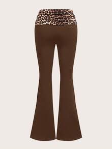 SHEIN Tall CURVE 大码时尚休闲豹纹拼接喇叭裤，可翻折腰身 - 咖啡棕 - 查看 3