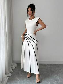 Elenzga Women's Elegant Sleeveless Dress With Contrast Piping Waist Detail, Summer - Apricot - View 7