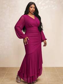 Truni Plus Size Elegant Solid Color Lantern Sleeve Dress, For Pear & Triangle Body Shape - Red Violet - View 3