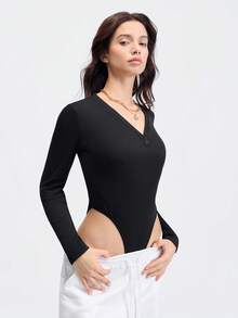 Loungeista 1pc Autumn/Winter Brushed Jumpsuit, V-Neck Button Closure Slimming Casual Yoga Activewear Outerwear Thermal Versatile Women Bodysuit - Black - View 4