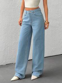 EURMUSE Jeans de tiro alto y pierna ancha para mujer - Denim azul clásico, ajuste recto minimalista, estilo casual de uso diario - Azul lavado medio - Ver 3