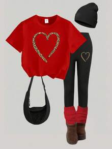 春夏秋季少女休闲时尚创意个性清新别致简约豹纹爱心印花基础款短袖T恤和打底裤套装，舒适百搭，适合情人节氛围 - 彩色 - 查看 4