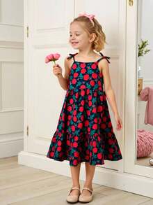 SHEIN Elladie kids Đầm midi hai dây in hoa thanh lịch, thời trang, thoải mái, trang trí hình bướm cho bé gái. - Màu xanh hải quân - Xem 3