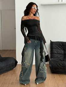 Coolane 女士秋季/四季街头服饰节日乡村音乐会Y2K波西米亚辣妹荷叶边缎带白色露肩T恤 - 黑色 - 查看 3