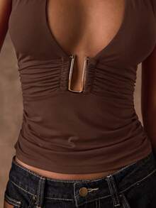 SHEIN BAE Áo hai dây mùa hè gợi cảm dành cho nữ, kiểu dáng tối giản, màu trơn, xếp ly, hở lưng, buộc dây phía trước. - Cà phê nâu - Xem 7