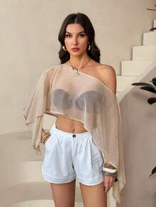 SHEIN Tall 女士宽松不对称下摆亮片透视露肩派对上衣，性感上衣，秋冬季感恩节和新年装扮 - 金色 - 查看 3