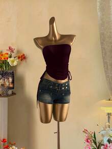 Attitoon Top tubo corto con cordón y nudo delantero casual para mujer - Rojo violeta - Ver 6