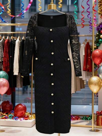 Franclia Women's Plus Size Sexy And Elegant Black Square-Neck Lace Sheer Long-Sleeved Color-Blocking Decorative Buckle Fake Pocket Package Hip Long Spring And Fall Formal Dress,Suitable For Business Commutes, Daily Wear Party And Romantic Dates