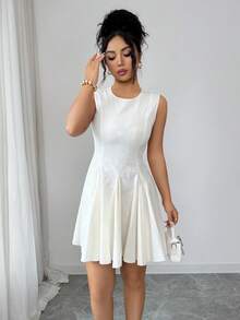 SHEIN Elenzya Women's Elegant Textured Jacquard Round Neck Flared Hem Sleeveless Mini Dress, Spring/Summer - Apricot - View 4