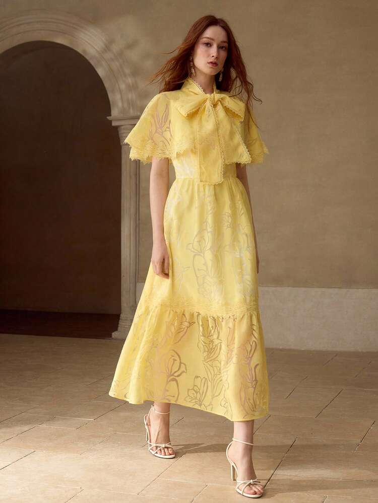 ELEGANT ORGANZA CONTRAST LACE BOW TIE CHIFFON DRESS, SPRING/SUMMER