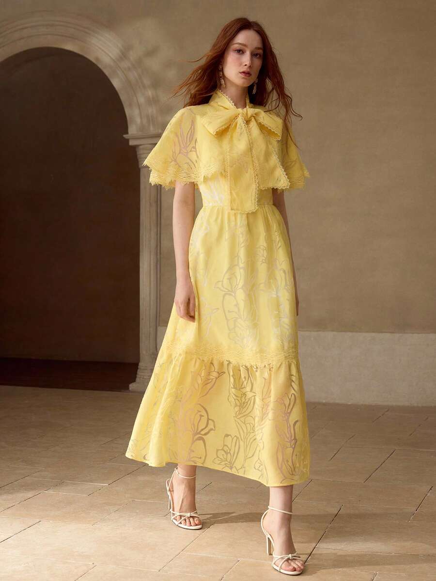MOTF PREMIUM ELEGANT ORGANZA CONTRAST LACE BOW TIE CHIFFON DRESS, SPRING/SUMMER - Yellow - View 1