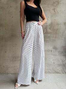 Firerie Women's Elegant Minimalist Daily Casual Commute Home Pants, White & Black Polka Dot Mid-Waist Loose Wide Leg Trousers, Casual Vacation, Teacher Black And White Pants Palazzo Pants Women Wide Leg Summer Pants - Black and White - View 8