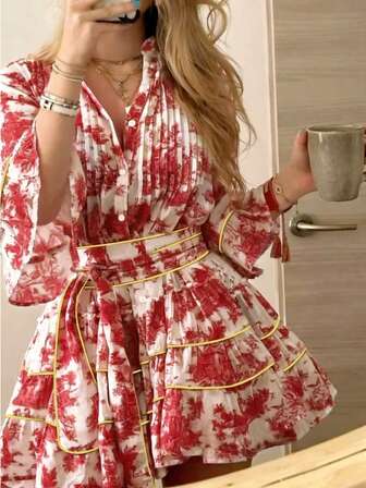 Cévolie Women's Fashionable Casual Elegant Romantic Vacation Floral Print Button Front Dress