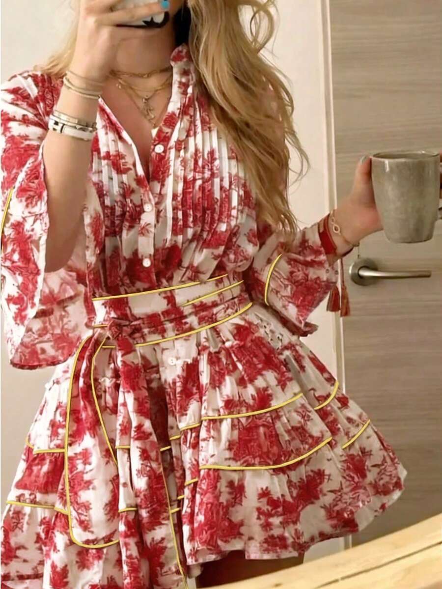 Cévolie Women's Fashionable Casual Elegant Romantic Vacation Floral Print Button Front Dress - Red - View 1