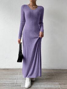 SHEIN Raffinéa 纯色V领针织抓绒长袖A字连衣裙女装 - 紫色 - 查看 3