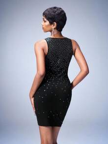 Y2Kool BiGraphic Valentine's Day Women's Fashion Sexy Millennial Streetwear Y2K Hot Girl Rhinestone Cutout Sleeveless Bodycon Dress - Black - View 2