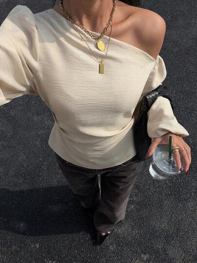 Siren Gaze Women's One-Shoulder Shirt, Solid Color Puff Sleeve Top, Elegant And Slim-Fitting With An Asymmetrical Collar, Casual And Fashionable Shirt, Summer Women's Top ...