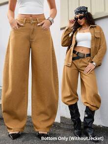 Jeanoix Y2K Low Waist Fashion Curved Pocket Washed Denim Jeans - Brown - View 1