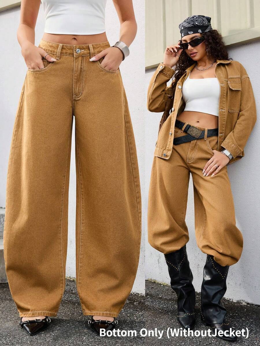 Jeanoix Y2K Low Waist Fashion Curved Pocket Washed Denim Jeans - Brown - View 1