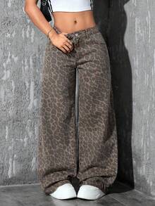 SHEIN ICON 大码女式宽松豹纹直筒牛仔裤，休闲牛仔装扮 - 彩色 - 查看 6
