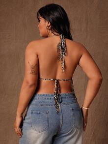 Rustia Plus Size Women Leopard Print Backless Halter Neck Sexy Fashion Tank Top - Coffee Brown - View 2