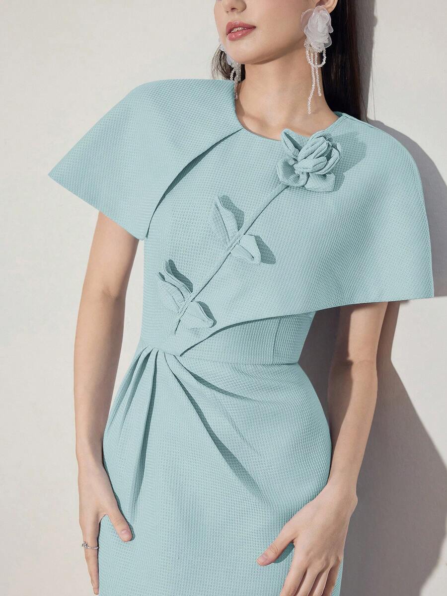 Modelyn 女士优雅中长连衣裙，饰有3D立体花卉纹理